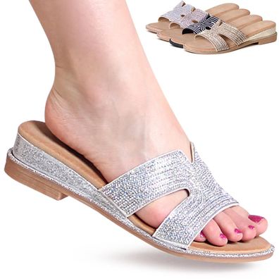 topschuhe24 2817 Damen Glitzer Pantoletten Keilabsatz Sandalen