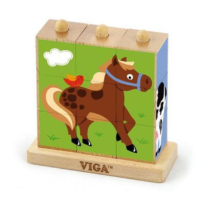 Viga 50833 9-teiliges Stapelwürfel-Puzzle - Bauernhof-Tiere