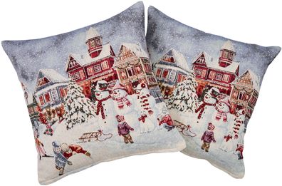 Kissenbezug Weihnachten 2er Set 45x45 Schneefamilie Glitzer Gobelin Kissenhülle