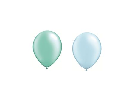 SET 50 Luftballons perl mint und perl hellblau Ballonverschlüsse weiß, Aufblasventil