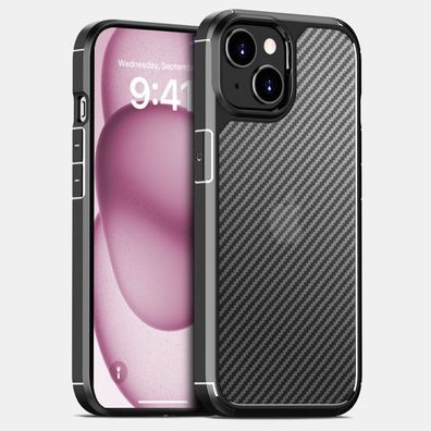 doupi Hybrid Case iPhone 15 Plus (6,7") Schutz Hülle Cover Schwarz Carbon Fiber Look