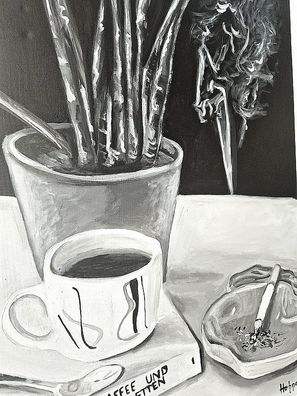 Modernes Schwarz Weiss Gemälde Motiv KAFFEE UND Zigaretten 70x100cm Akryl auf