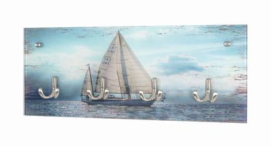 Garderobenleiste Wandgarderobe Printmotiv Sailing Sicherheitsglas 4 Haken Edelstah