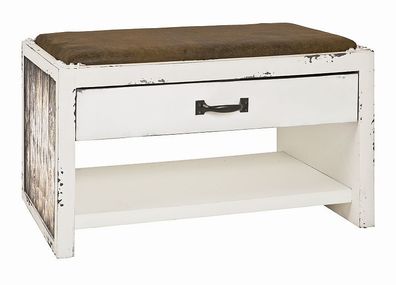 Bank Sitzbank Vintageoptik weiß gewischt Sitzfläche gepolstert Kunstleder vintage