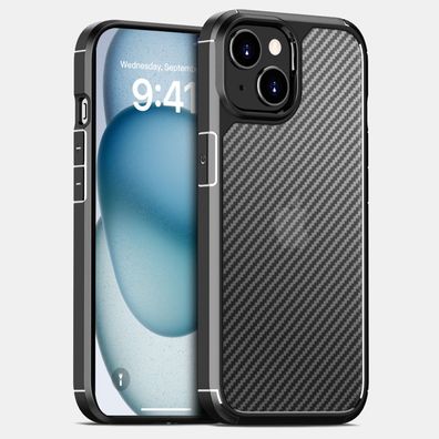 doupi Hybrid Case iPhone 15 (6,1 Zoll) Schutz Hülle Cover Schwarz Carbon Fiber Look