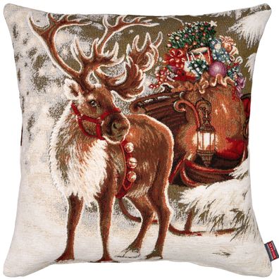 Kissenbezug Weihnachten 45x45 Hossner Rentier Schlitten Chenille Gobelin Glitzer