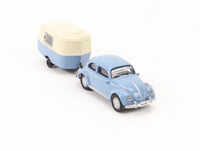 Schuco H0 Modellauto PKW VW Käfer mit Wohnanhänger hellblau 1:87