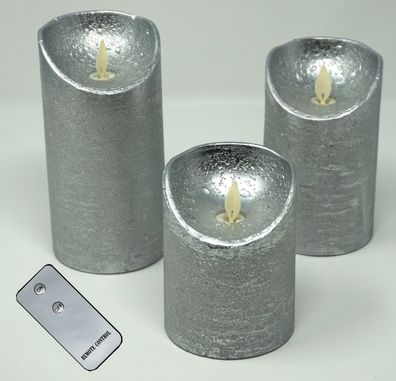 3er Set LED echtwachs Kerzen silber flammenlos Fernbedienung Stumpenkerze Kerze