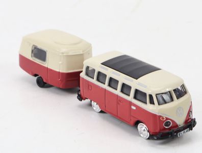 Schuco H0 Modellauto PKW VW Bus T1 Samba mit Wohnanhänger rot beige 1:87