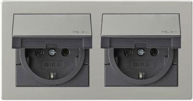 Gira E2 Edelstahl Doppel-Steckdose mit KD und Rahmen IP44 Komplettset