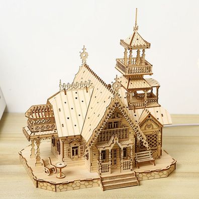 Dreidimensionales 3D-Puzzle, pädagogisches Montagespielzeug aus Holz, Retro-Villa