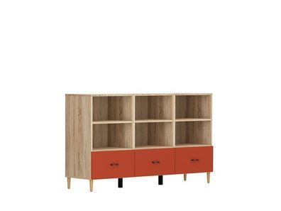 Kommode mit Schubladen Modeo - Schubladenschrank - Sideboard - Eiche Hell Dekor + Rot