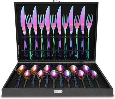 24-Teilig Regenbogen Besteck Set 6 Personen mit buntes Messer Gabel