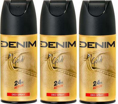 Denim Gold Deodorant Spray 24h Action 3 x 150ml Deo