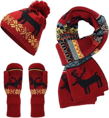 Dreiteiliger Strickanzug mit weihnachtlichen Elch-Winteraccessoires