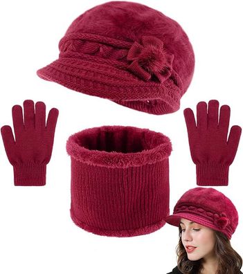 Damen-Strickmütze, Schal, Handschuhe, 3-teiliges Set