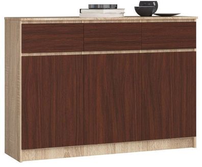 Kommode AKORD K140 Sonoma-Eiche 138 cm 3 Türen Front Wenge B138 x H99 x T40 cm