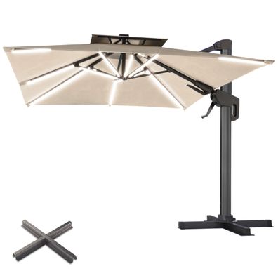 SUN PIETRO | Sonnenschirm | Quadratisch | B: 300 x 300 cm | Taupe | LED | + Ständer