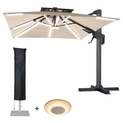 SUN PIETRO | Sonnenschirm | Quadratisch | B: 300 x 300 cm | Taupe | LED | + Musikbox