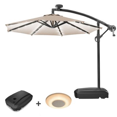 SUN LUCA | Sonnenschirm | Rund | Ø 300 cm | Taupe | LED | + Ständer & Musikbox | Sonn