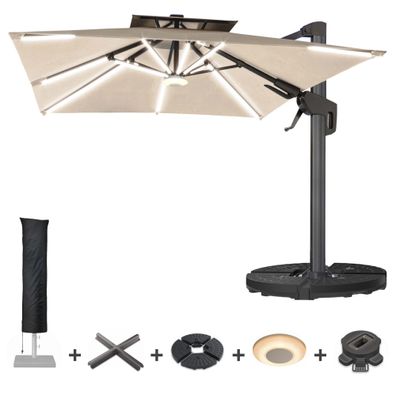 SUN PIETRO | Sonnenschirm | Quadratisch | B: 300 x 300 cm | Taupe | LED | + Ständer,