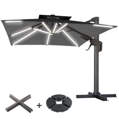 SUN PIETRO | Sonnenschirm | Quadratisch | B: 300 x 300 cm | Schwarz | LED | + Stände