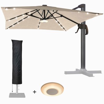 SUN LUIS | Sonnenschirm | Quadratisch | B: 300 x 300 cm | Taupe | LED | + Musikbox