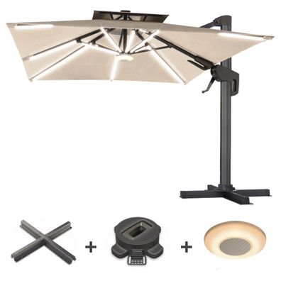 SUN PIETRO | Sonnenschirm | Quadratisch | B: 300 x 300 cm | Taupe | LED | + Ständer,