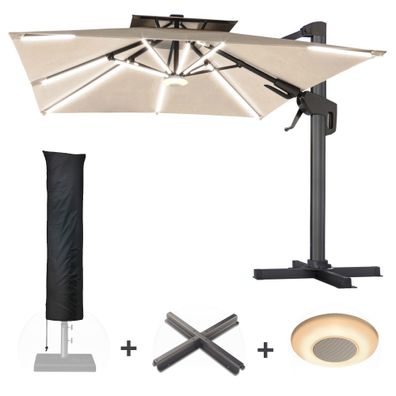 SUN PIETRO | Sonnenschirm | Quadratisch | B: 300 x 300 cm | Taupe | LED | + Ständer,