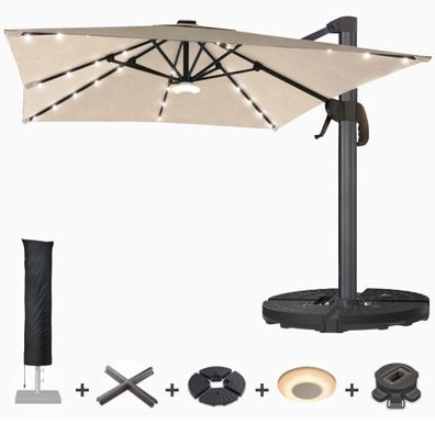 SUN LUIS | Sonnenschirm | Quadratisch | B: 300 x 300 cm | Taupe | LED | + Ständer, S