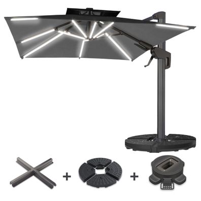 SUN PIETRO | Sonnenschirm | Quadratisch | B: 300 x 300 cm | Schwarz | LED | + Stände