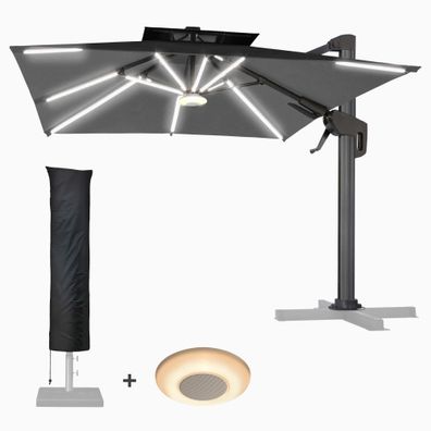 SUN PIETRO | Sonnenschirm | Quadratisch | B: 300 x 300 cm | Schwarz | LED | + Musikb