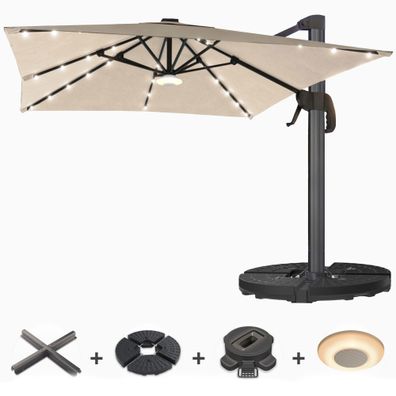 SUN LUIS | Sonnenschirm | Quadratisch | B: 300 x 300 cm | Taupe | LED | + Ständer, S