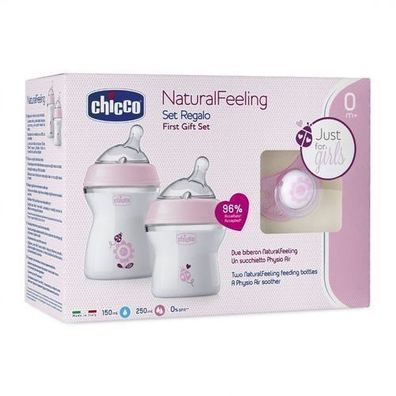 Chicco NaturalFeeling Baby-Pflege-Set - 2 Flaschen & 1 Schnuller (0m+ / 2m+) - Rosa