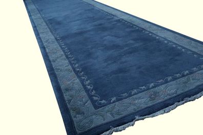 Teppich Läufer Original Nepal Avantgard 140x540 cm Handgeknüpft 100% Wolle blau