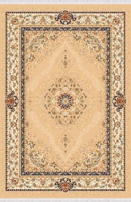 Orientalisch Traditionell Teppich Bordüre Ornament Kurzflor Beige Blau 150X233