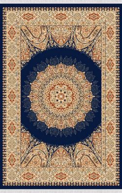 Teppich Vintage Kurzflor Bordüre Ornament Wohnzimmerteppich Blau Beige