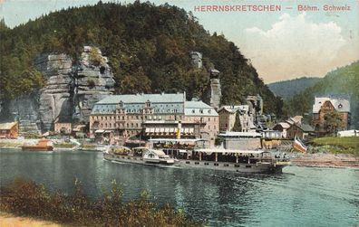 Blick auf Herrnskretschen mit Dampfer Karlsbad Böhmische Schweiz Böhmen AK 1911