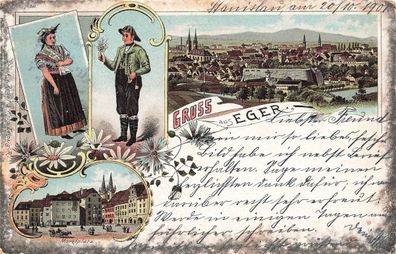 Gruss aus Eger Stadtansicht und Marktplatz Böhmen Litho Postkarte AK 1901