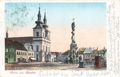 Gruss aus Kaaden Ansicht Marktplatz und Denkmal Kadan Böhmen Postkarte AK 1902