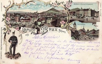 Gruss aus Brüx Gerichtsgebäude und Minoritenplatz Böhmen Litho Postkarte AK 1905