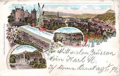 Gruss aus Teplitz Schlossruine und Königstrasse Böhmen Litho Postkarte AK 1898