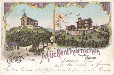 Gruss vom Mückenthürmchen Erzgebirge Obergraupen Böhmen Postkarte AK 1899