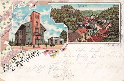 Gruss vom Hückenberg mit Restauration Mückenthurm Böhmen Litho Postkarte AK 1901