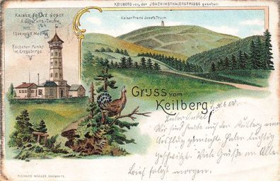 Gruss vom Keilberg mit Kaiser Franz Josef Aussichtsturm Böhmen Postkarte AK 1900