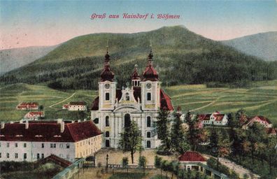 Gruß aus Haindorf mit Johanniskirche Böhmen Postkarte AK 1925