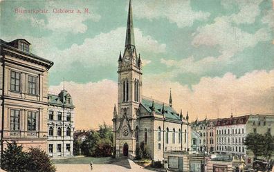 Kirche und Bismarckplatz in Gablonz an der Neiße Böhmen Postkarte AK 1909