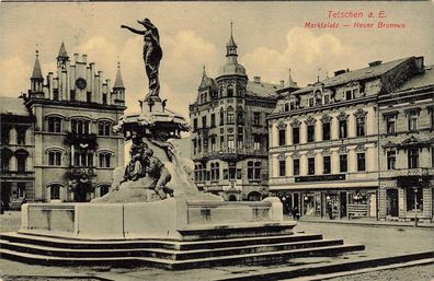 Marktplatz, Neuer Brunnen u. Hotel Tetschen an der Elbe Böhmen Postkarte AK 1909