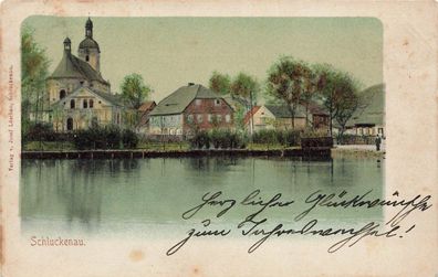 Partie am Teich mit Kirche Schluckenau Böhmen Postkarte AK 1908