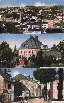 Rathaus, Denkmal und Karlsbaderstrasse in Weipert Böhmen Postkarte AK 1910